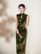 Beth and Brian Qipao-TX Lotus print, dark green&black velvet midi cheongsam