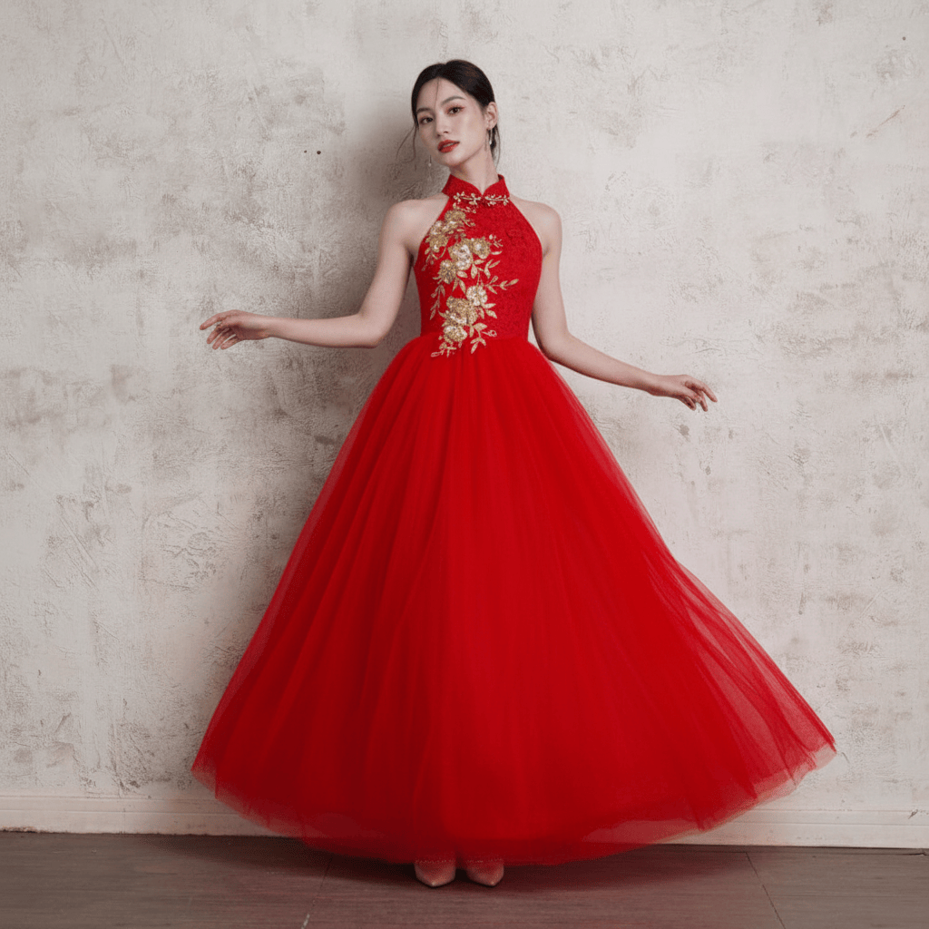 Beth and Brian Qipao - Exclusive Exclusive Designer collection, Floral Embroidery A-Line Cheongsam | Sleeveless & Halter Neckline