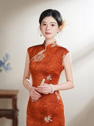 Beth and Brian Qipao-TX Floral Embroidery, Orange Satin Midi Cheongsam