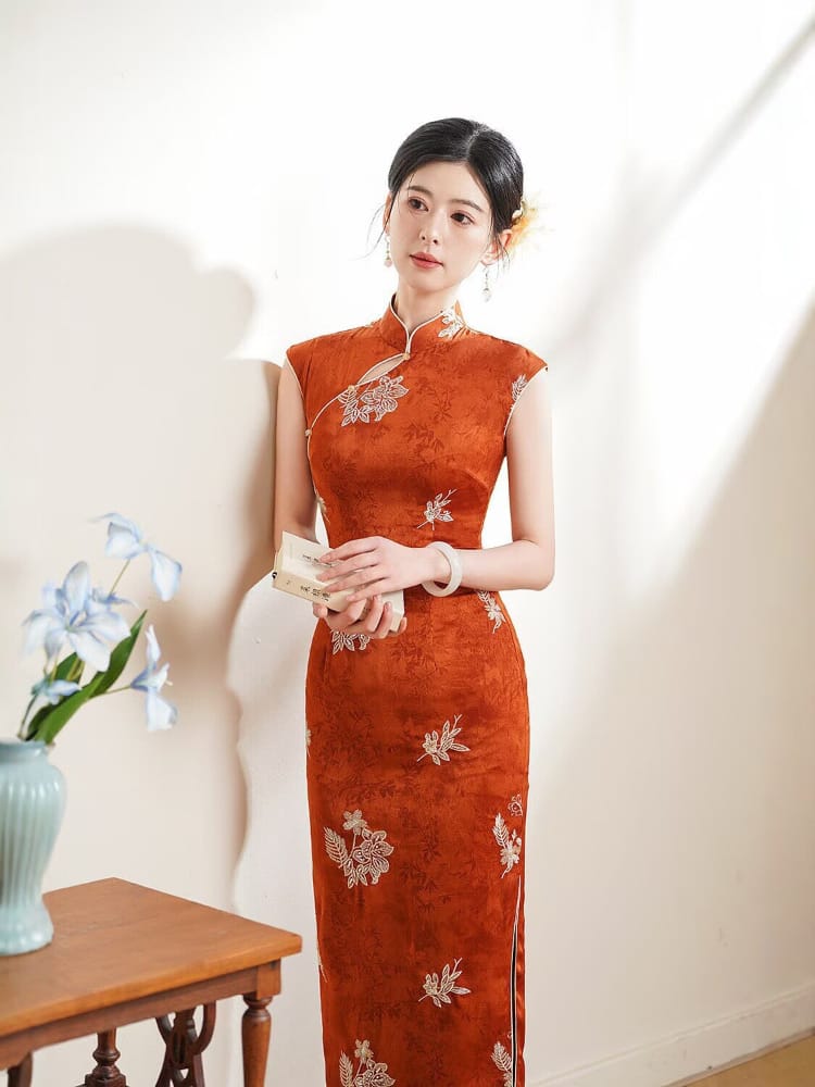 Beth and Brian Qipao-TX Floral Embroidery, Orange Satin Midi Cheongsam