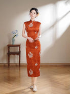 Beth and Brian Qipao-TX Floral Embroidery, Orange Satin Midi Cheongsam