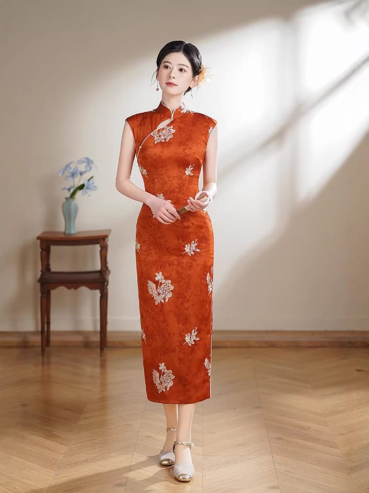 Beth and Brian Qipao-TX Floral Embroidery, Orange Satin Midi Cheongsam