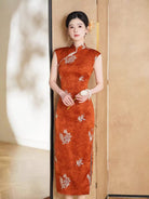 Beth and Brian Qipao-TX Floral Embroidery, Orange Satin Midi Cheongsam