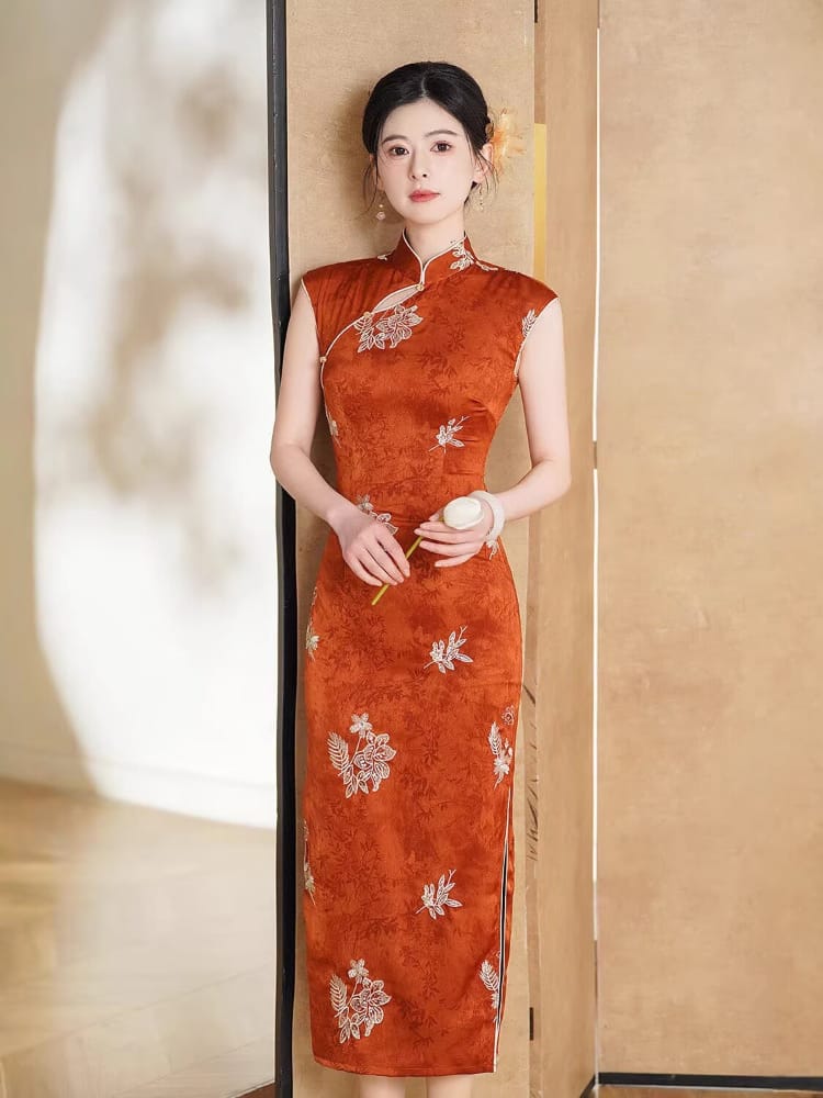 Beth and Brian Qipao-TX Floral Embroidery, Orange Satin Midi Cheongsam