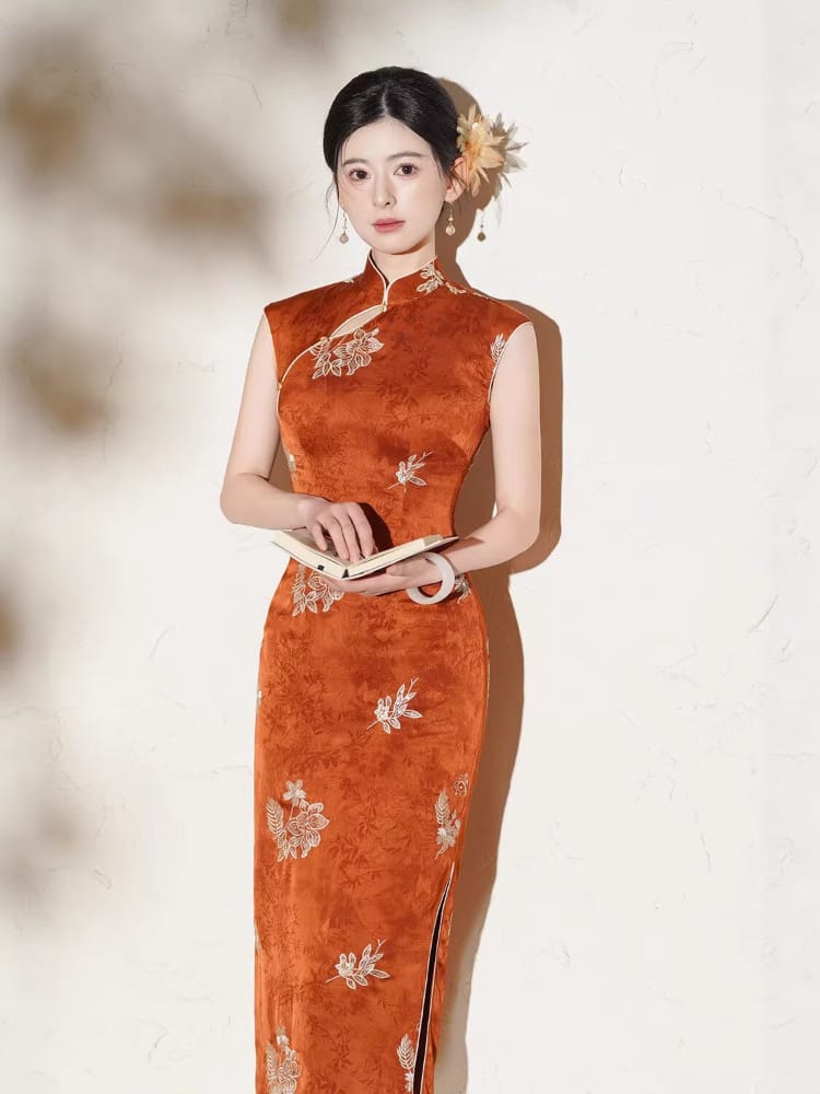 Floral Embroidery Orange Satin Midi Cheongsam Floral Embroidery Orange Satin Midi Cheongsam