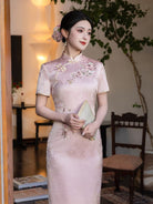 Beth and Brian Qipao-LSB Floral Embroidery, acetate pink midi Cheongsam