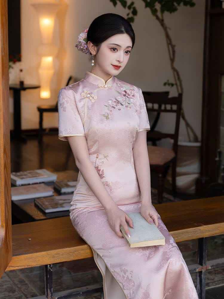 Beth and Brian Qipao-LSB Floral Embroidery, acetate pink midi Cheongsam