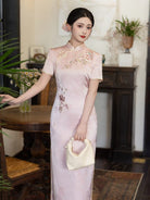 Beth and Brian Qipao-LSB Floral Embroidery, acetate pink midi Cheongsam