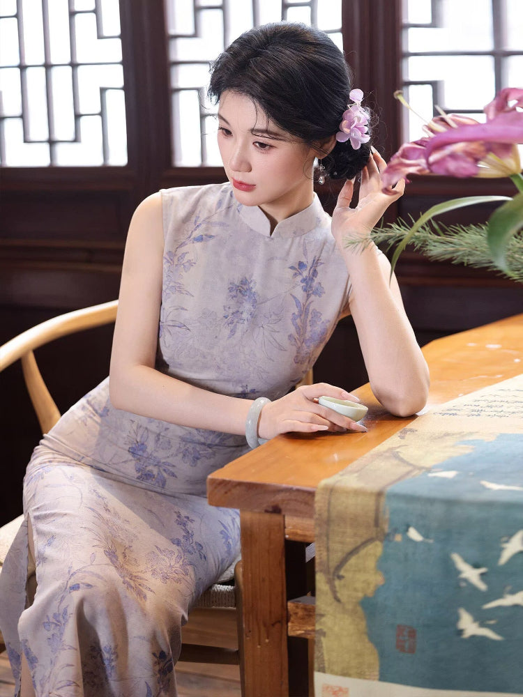 Beth and Brian Qipao-LSB Sleeveless, Cotton&linen fabric, light purple midi Cheongsam