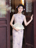 Beth and Brian Qipao-LSB Sleeveless, Cotton&linen fabric, light purple midi Cheongsam