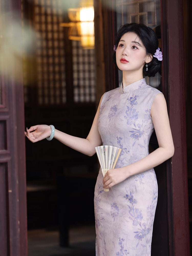 Beth and Brian Qipao-LSB Sleeveless, Cotton&linen fabric, light purple midi Cheongsam
