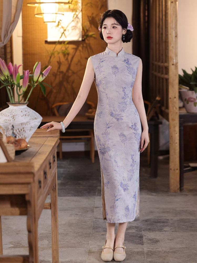 Beth and Brian Qipao-LSB Sleeveless, Cotton&linen fabric, light purple midi Cheongsam