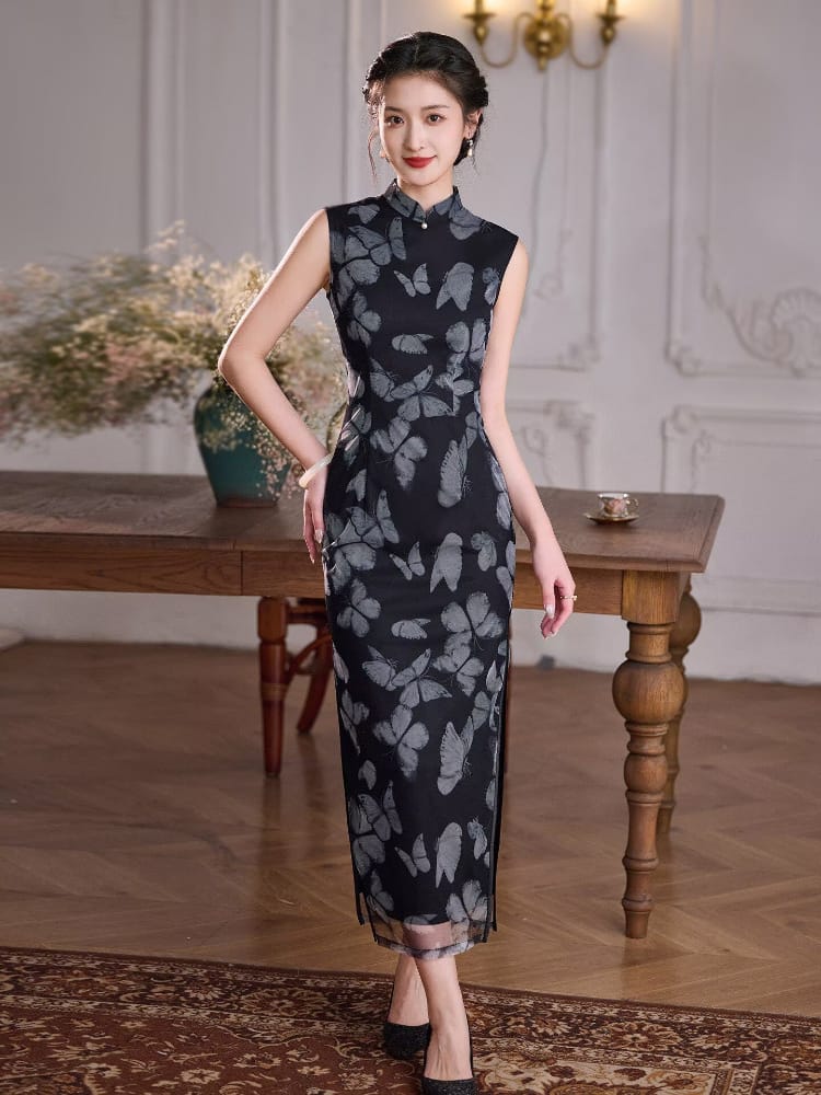 Beth and Brian Qipao-XLY Sleevless, butterfly pattern, black long Cheongsam