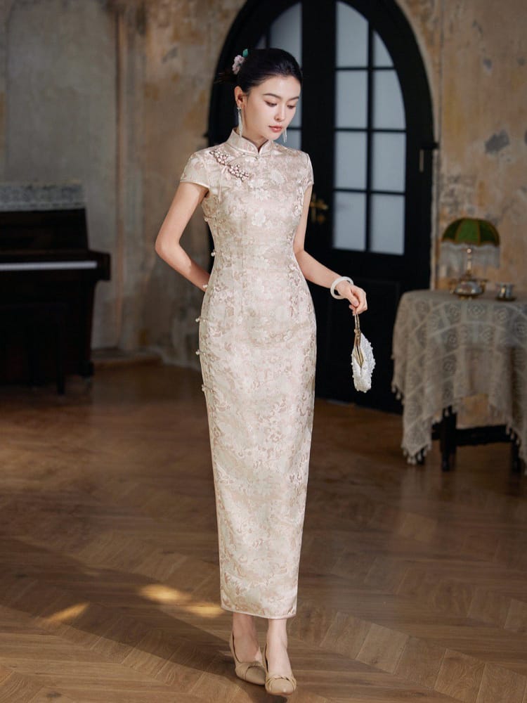 Beth and Brian Qipao-XLY Floral Pattern, Brocade Satin Jacquard, Pink Long Cheongsam