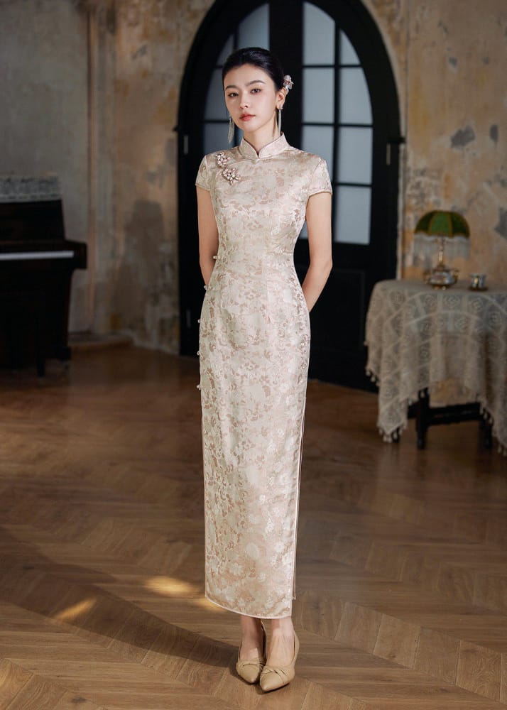 Beth and Brian Qipao-XLY Floral Pattern, Brocade Satin Jacquard, Pink Long Cheongsam