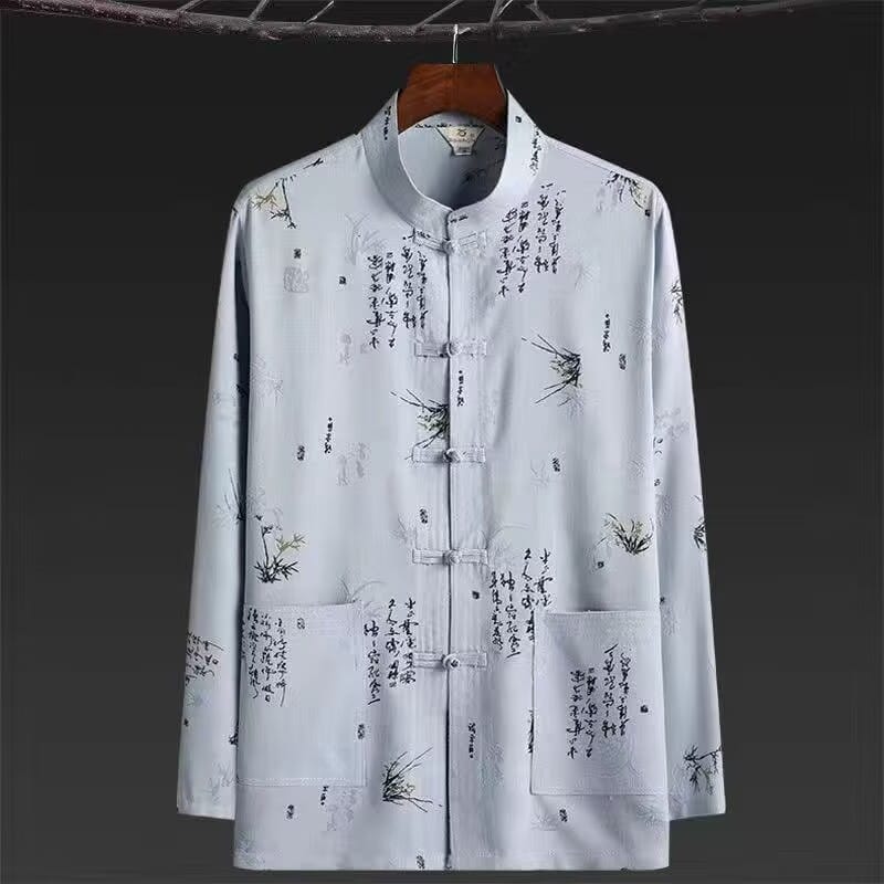 Beth and Brian Qipao-HZ Calligraphy Bamboo Print Outfit Men's Chinese Tang Suit Set