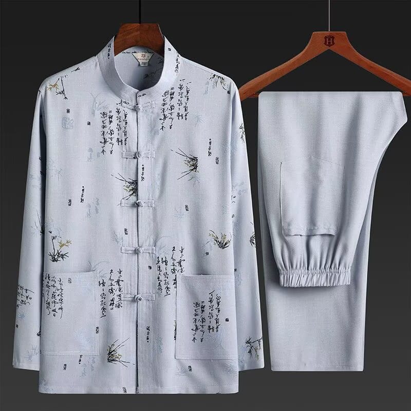 Beth and Brian Qipao-HZ Calligraphy Bamboo Print Outfit Men's Chinese Tang Suit Set