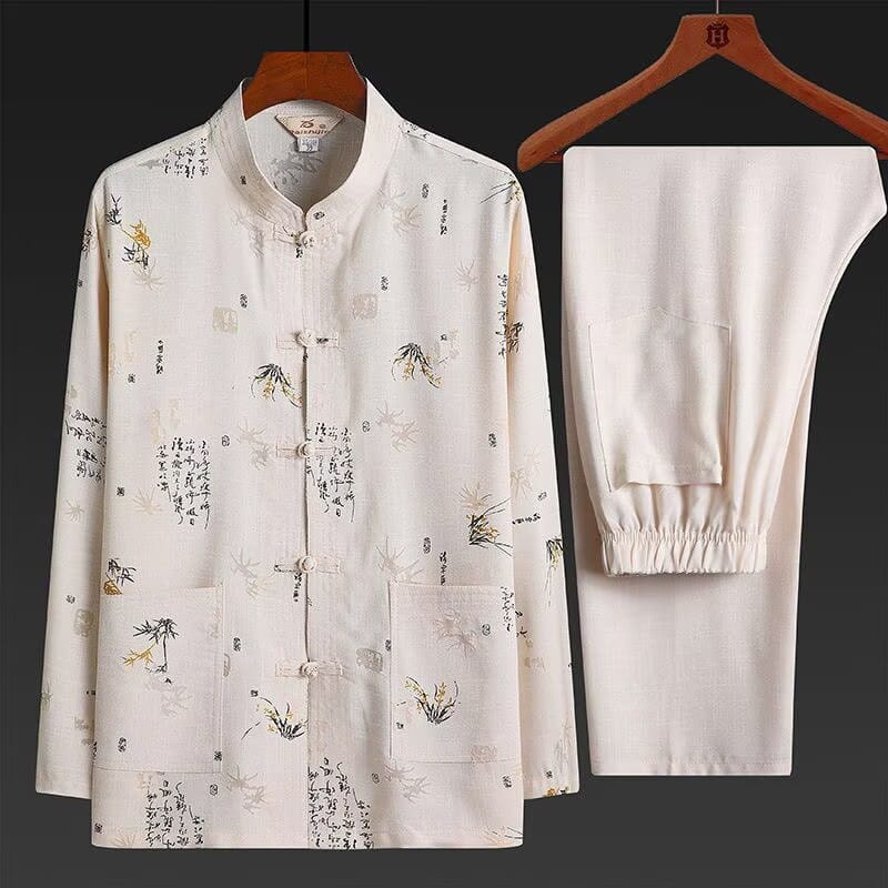Beth and Brian Qipao-HZ Calligraphy Bamboo Print Outfit Men's Chinese Tang Suit Set