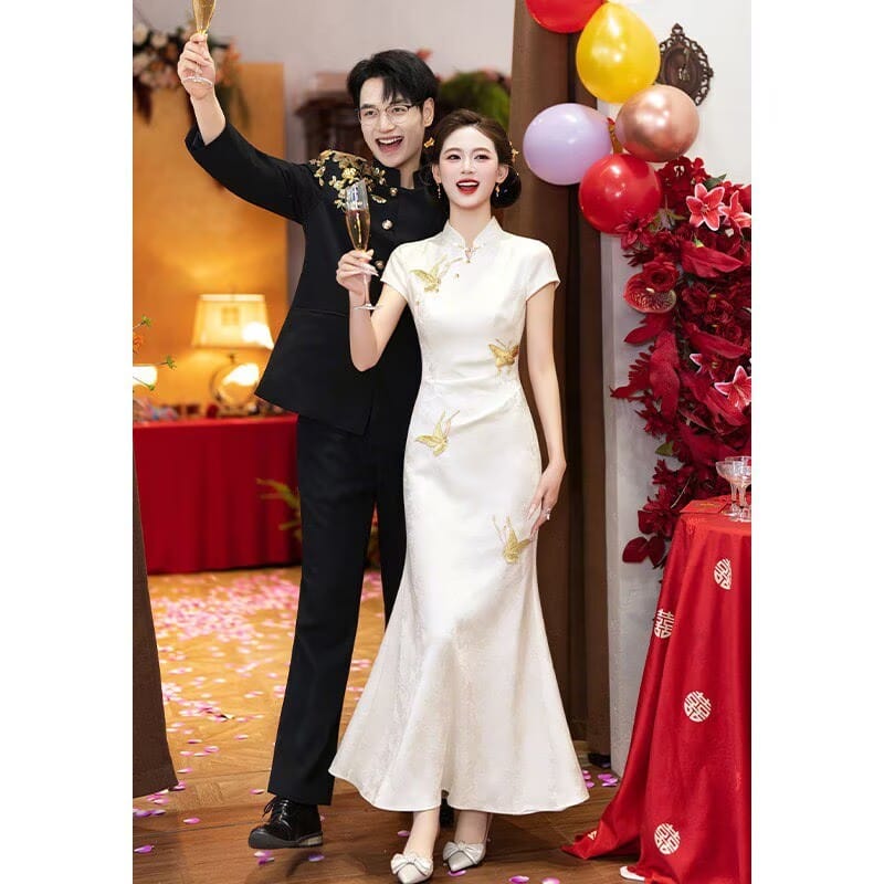 Beth and Brian Qipao-MX Butterfly embroidery, mermaid champagne long Cheongsam