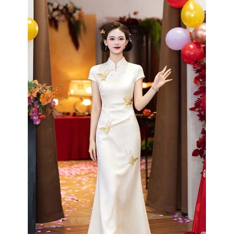 Beth and Brian Qipao-MX Butterfly embroidery, mermaid champagne long Cheongsam