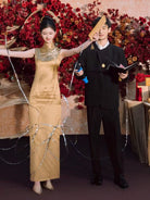 Beth and Brian Qipao-MY Wedding Gold Satin Long Cheongsam / Bespoke Wedding Qipao