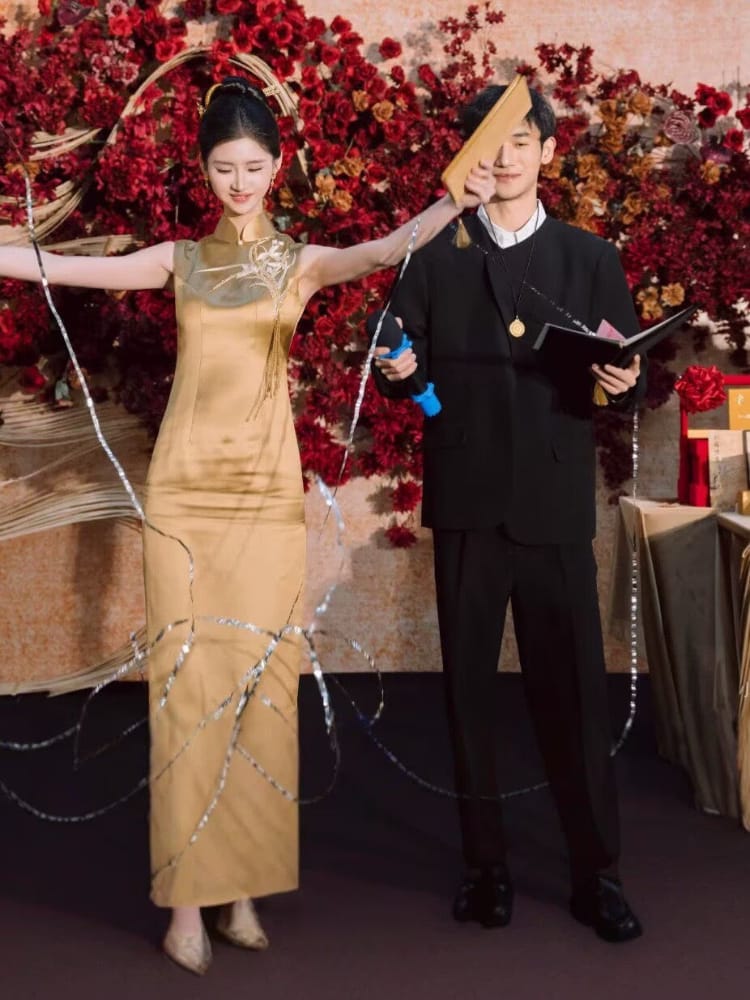 Beth and Brian Qipao-MY Wedding Gold Satin Long Cheongsam / Bespoke Wedding Qipao