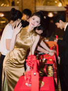 Beth and Brian Qipao-MY Wedding Gold Satin Long Cheongsam / Bespoke Wedding Qipao