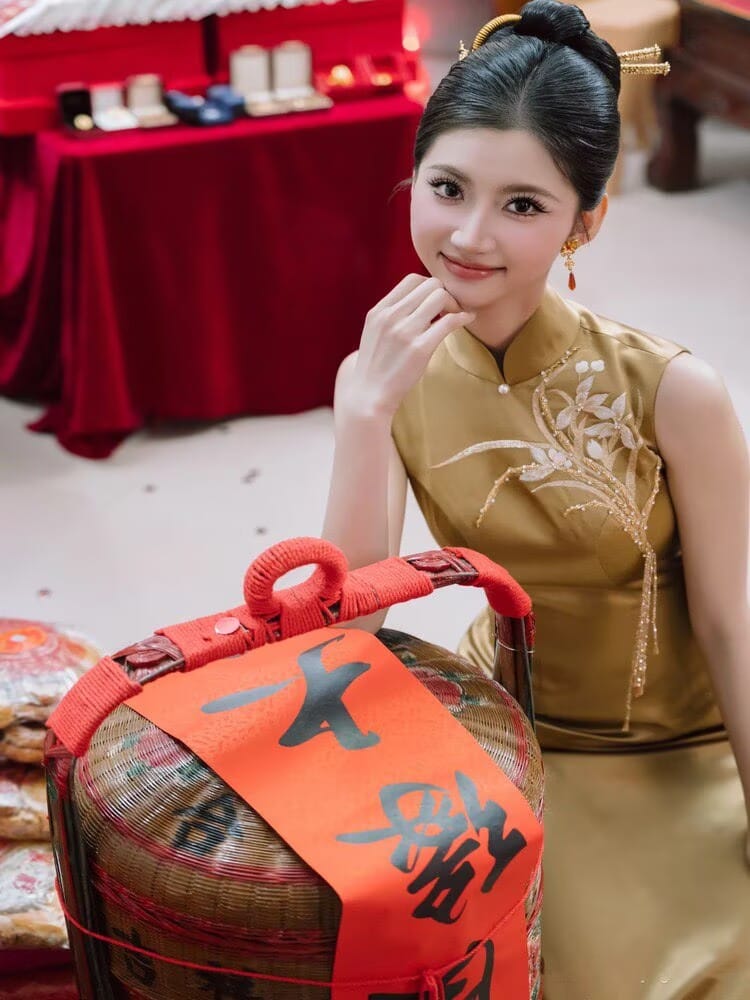 Beth and Brian Qipao-MY Wedding Gold Satin Long Cheongsam / Bespoke Wedding Qipao