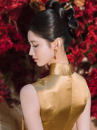 Beth and Brian Qipao-MY Wedding Gold Satin Long Cheongsam / Bespoke Wedding Qipao
