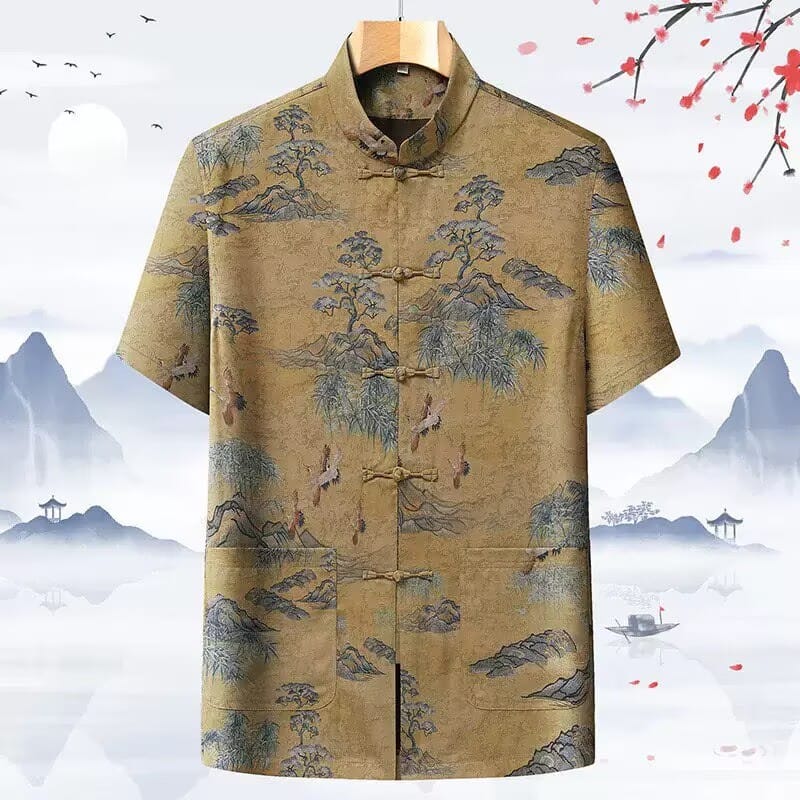 Beth and Brian Qipao-CJ Men's Mandarin Collar Tang Shirt, Vintage Chinese Landscape Crane Print Traditional Top