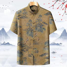 Beth and Brian Qipao-CJ Men's Mandarin Collar Tang Shirt, Vintage Chinese Landscape Crane Print Traditional Top