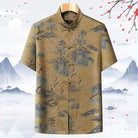 Beth and Brian Qipao-CJ Men's Mandarin Collar Tang Shirt, Vintage Chinese Landscape Crane Print Traditional Top