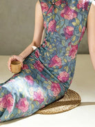 Beth and Brian Qipao-LSB Teal Blue Vintage Rose Print Qipao - Side Slit Midi Dress for Women