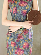 Beth and Brian Qipao-LSB Teal Blue Vintage Rose Print Qipao - Side Slit Midi Dress for Women