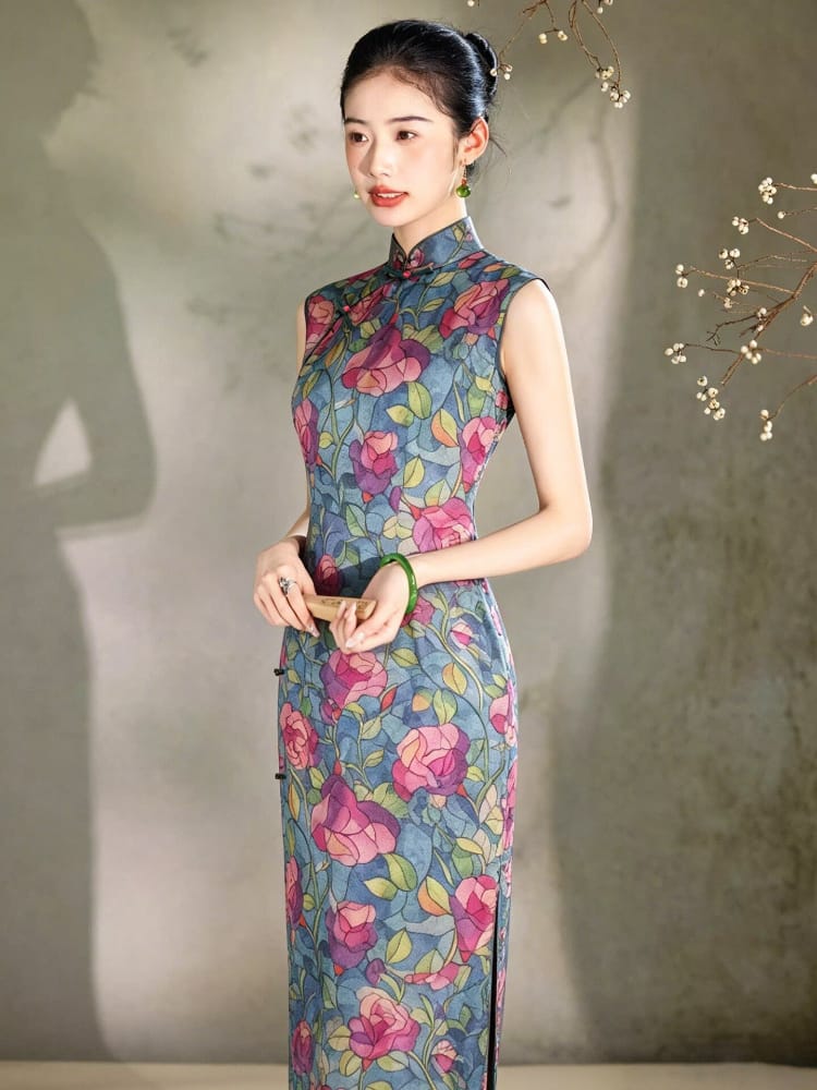 Beth and Brian Qipao-LSB Teal Blue Vintage Rose Print Qipao - Side Slit Midi Dress for Women