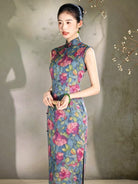 Beth and Brian Qipao-LSB Teal Blue Vintage Rose Print Qipao - Side Slit Midi Dress for Women