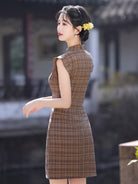 Beth and Brian Qipao-LSB Flutter sleeves, plaid pattern, retro mini Cheongsam