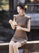 Beth and Brian Qipao-LSB Flutter sleeves, plaid pattern, retro mini Cheongsam