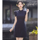 Beth and Brian Qipao-LSB Flutter sleeves, plaid pattern, retro mini Cheongsam