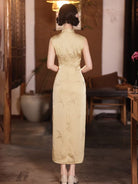 Beth and Brian Qipao-LSB Sleeveless, bamboo leaf print, gold midi Cheongsam