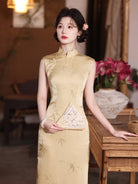 Beth and Brian Qipao-LSB Sleeveless, bamboo leaf print, gold midi Cheongsam
