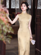Beth and Brian Qipao-LSB Sleeveless, bamboo leaf print, gold midi Cheongsam