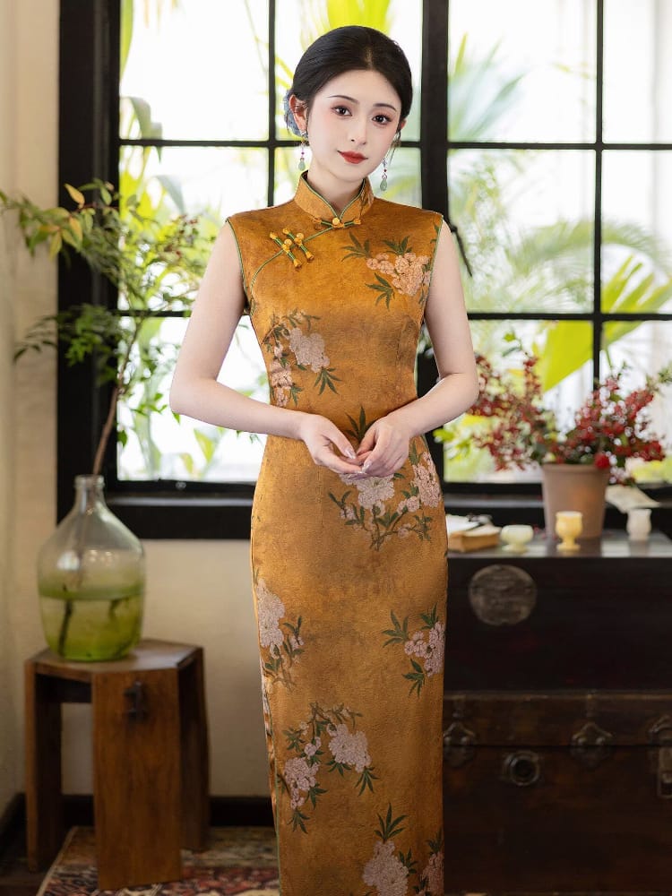 Beth and Brian Qipao-LSB Peach Blossom Print, Gold long Cheongsam