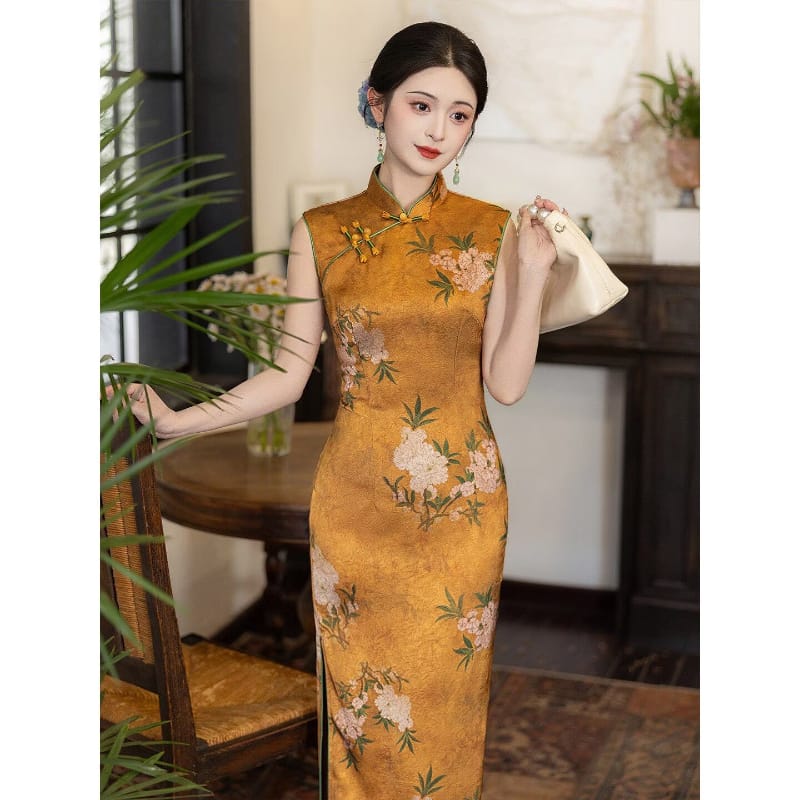 Beth and Brian Qipao-LSB Peach Blossom Print, Gold long Cheongsam