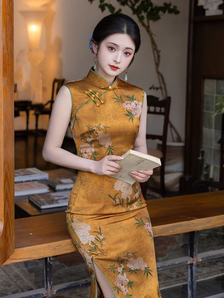 Beth and Brian Qipao-LSB Peach Blossom Print, Gold long Cheongsam