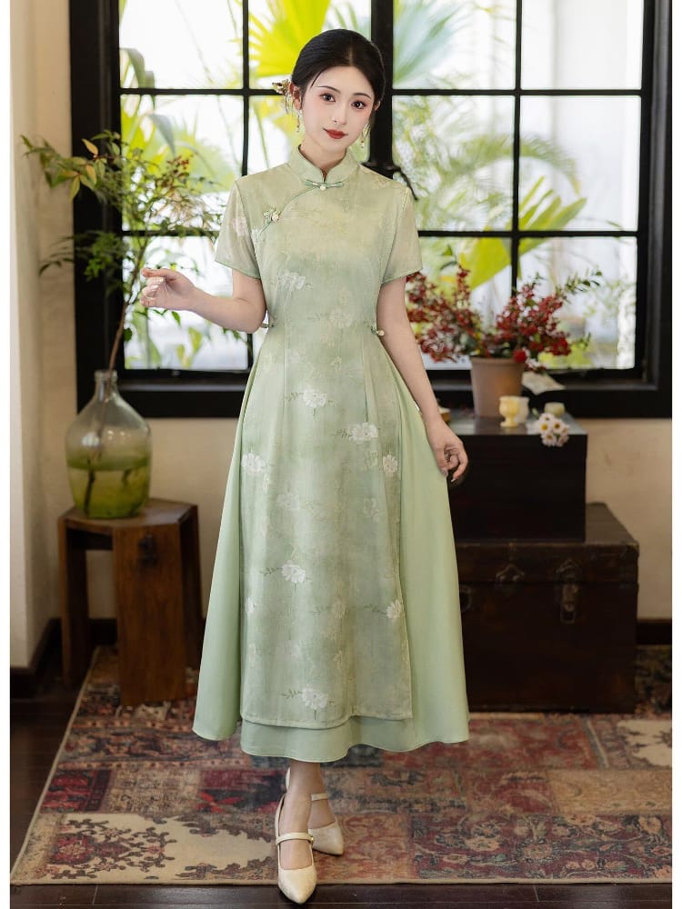 Beth and Brian Qipao-LSB Floral Pattern, High-stretch double-layer mesh fabric, Green Midi Ao dai