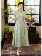 Beth and Brian Qipao-LSB Floral Pattern, High-stretch double-layer mesh fabric, Green Midi Ao dai
