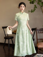 Beth and Brian Qipao-LSB Floral Pattern, High-stretch double-layer mesh fabric, Green Midi Ao dai