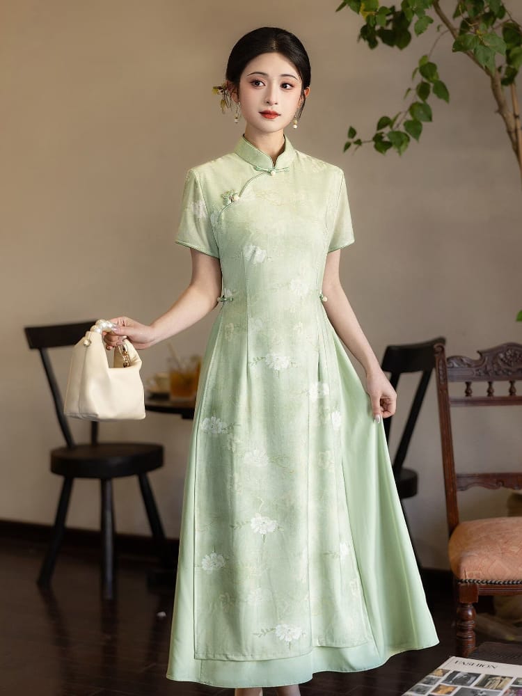 Beth and Brian Qipao-LSB Floral Pattern, High-stretch double-layer mesh fabric, Green Midi Ao dai