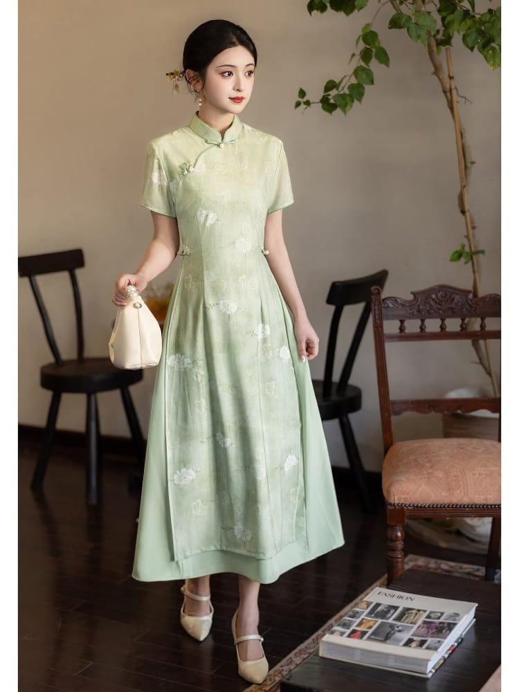 Beth and Brian Qipao-LSB Floral Pattern, High-stretch double-layer mesh fabric, Green Midi Ao dai